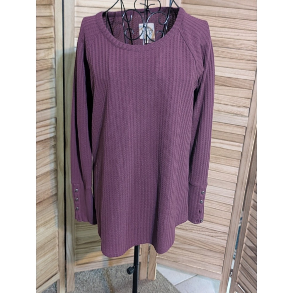 Chaser Womens Waffle Knit Thermal Top In Berry Plum Long Sleeve Size M